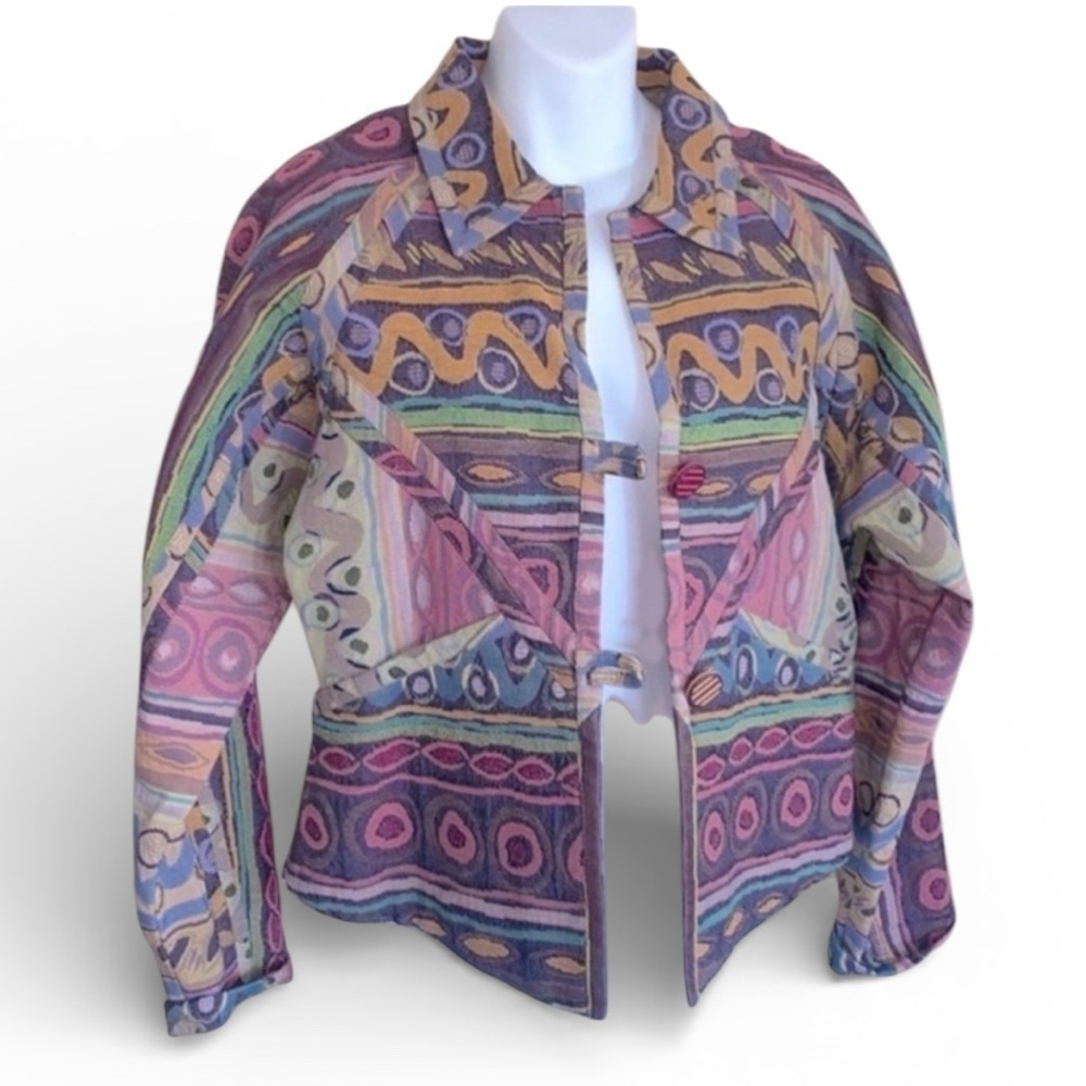 TREADLE DESIGN ROOM jacket, Women. S, purple EUC tapestry funky buttons